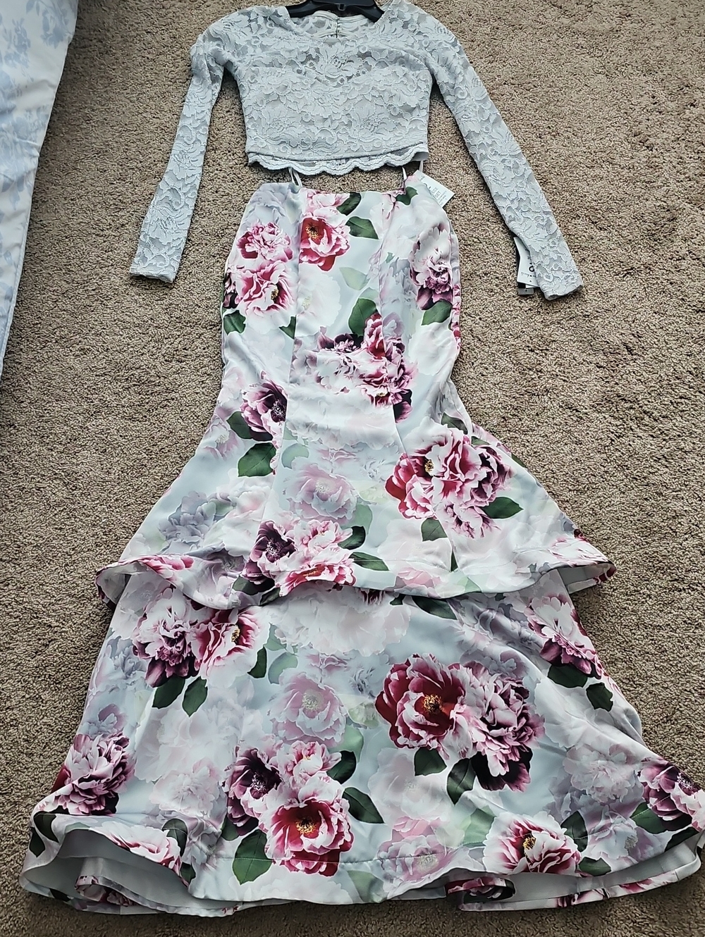 Sequin Hearts Light Blue Lace Crop Top & Pink Floral Mermaid Skirt Set